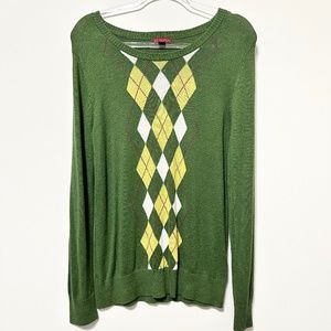 Merona Sweater Argyle Green and Yellow Crewneck Women’s Size XL Long Sleeve